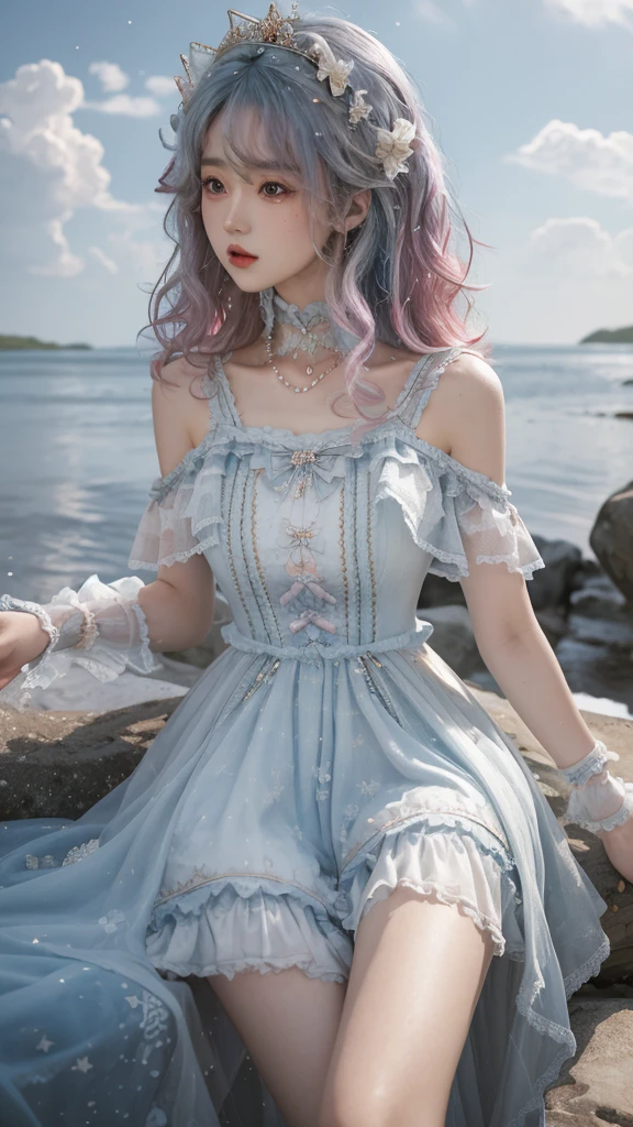 (masterpiece,quality,best quality,water彩(curly),Official Art,Beauty and aesthetics:1.2),(1 girl:1.3),(Fractal Art:1.3),Curtsy \(True Dream\),Big breasts and thin waist,thigh,View from the side,Looking at the audience,pattern,(Rainbow Hair,hair color,Half blue, half pink hair:1.2),water,liquid,cloud,rich and colorful,Starry Sky,Star,