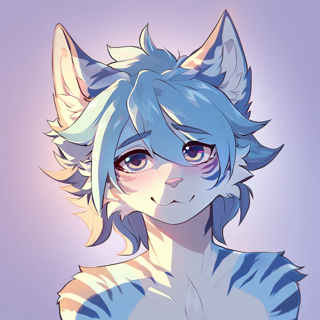 adult, feline, mammal, anthro, anthromorphic, cat, striped, fur, furred_anthro, femboy, male, blue, ear_tufts, purple, paws, hair_tuft, hair_between_eyes, long_tail, fluffy, expressive_eyes, blue/teal_hair, light looking_at_viewer, blue_fur, shy, small_pupils, spotted_pattern, stripes, tiger_stripes, digital_art, high_resolution, high_res, background shy