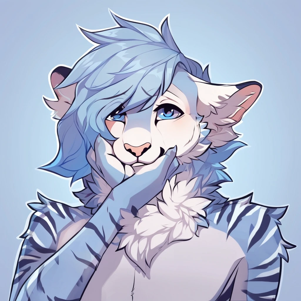 adult, feline, mammal, anthro, anthromorphic, cat, striped, fur, furred_anthro, femboy, male, light_blue, ear_tufts, purple, paws, hair_tuft, hair_between_eyes, long_tail, fluffy, expressive_eyes, light_blue_hair, light looking_at_viewer, blue_fur, shy, small_pupils, spotted_pattern, stripes, tiger_stripes, digital_art, high_resolution, high_res, background shy, head_visible, neck_visible, profile_picture, seductive_face