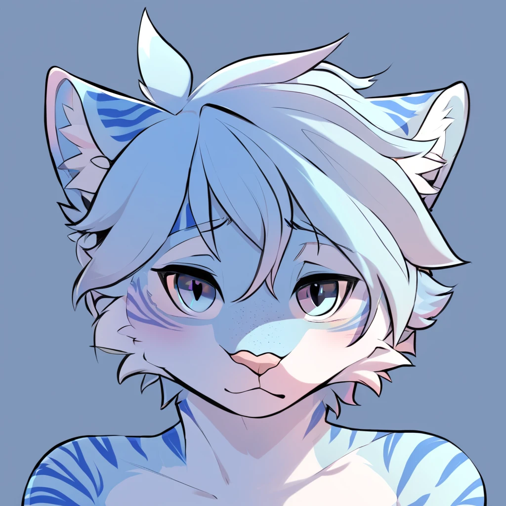 adult, feline, mammal, anthro, anthromorphic, cat, striped, fur, furred_anthro, femboy, male, light_blue, ear_tufts, purple, paws, hair_tuft, hair_between_eyes, long_tail, fluffy, expressive_eyes, light_blue_hair, light looking_at_viewer, blue_fur, shy, small_pupils, spotted_pattern, stripes, tiger_stripes, digital_art, high_resolution, high_res, background shy, head_visible, neck_visible, profile_picture, seductive_face