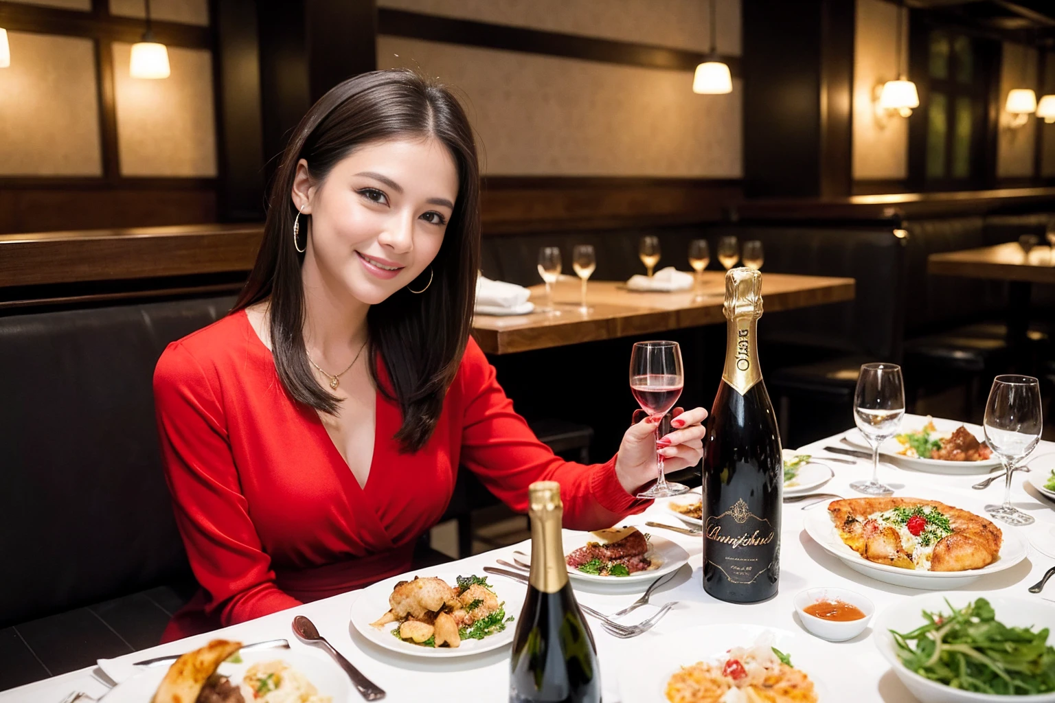 ((Highest quality、、masterpiece:1.3))、1 male 1 female、spouse、Beautiful couple、smile、full-course dinner、 (Slim face), (the body is スリム), (Brown Hair), (Shortcuts), ((Bob Hale、Straight hair:1.2)), テーブルの上のwine glass、Put the light on your face、 Amazing view of the sunset sky and clouds、smileの美しさ、Bright image、Blushing, Shortcuts, (Age 35), 39 years old, Appetizers、Italian food、Wine bottle、Champagne、sparkling wine、Long sleeve shirt、dress、Attractive beauty、restaurant, Nova Frog Style, actress, model, Upper Body, White wine, red wine, wine glass, 