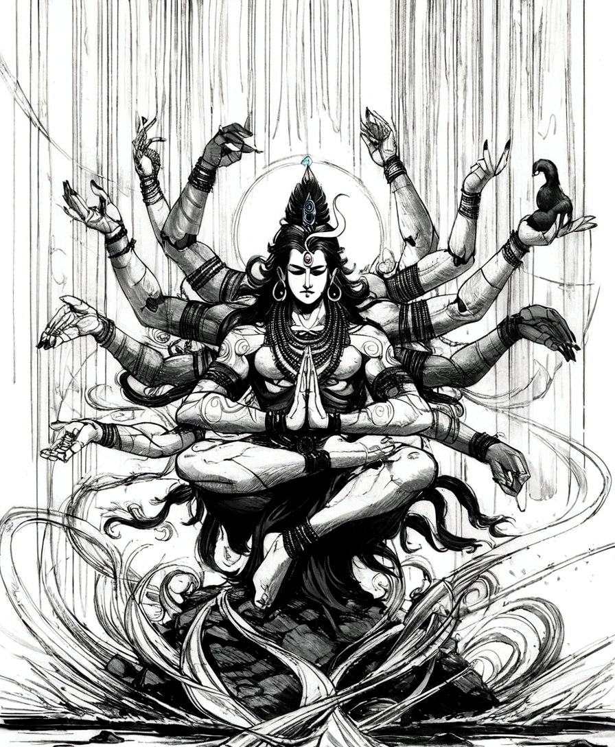 a drawing of a man sitting on a fire rock with many arms outstretched, fire, god shiva the destroyer, lord shiva, shiva, hindu god, indian god, by Sava Šumanović, hinduism, hindu gods, concept art of god, inspired by Kailash Chandra Meher, by Kamagurka, cyborg hindu godbody, by Thota Vaikuntham