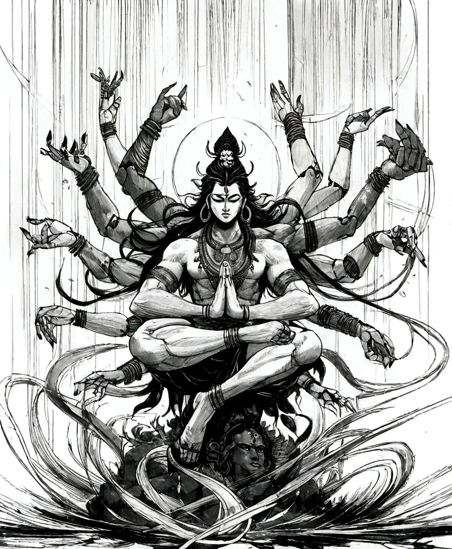 a drawing of a man sitting on a fire rock with many arms outstretched, fire, god shiva the destroyer, lord shiva, shiva, hindu god, indian god, by Sava Šumanović, hinduism, hindu gods, concept art of god, inspired by Kailash Chandra Meher, by Kamagurka, cyborg hindu godbody, by Thota Vaikuntham