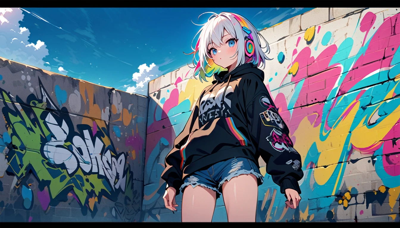 HD 8K Handsome cute, Punk monster, Solitary, 1 female, Medium Length Hair, white hair, Rainbow hair, blue Eyes, Rainbow headphone, hoodie, colored hoodie, denim shorts, Human focus, outdoor, blue sky, White clouds, graffiti wall,