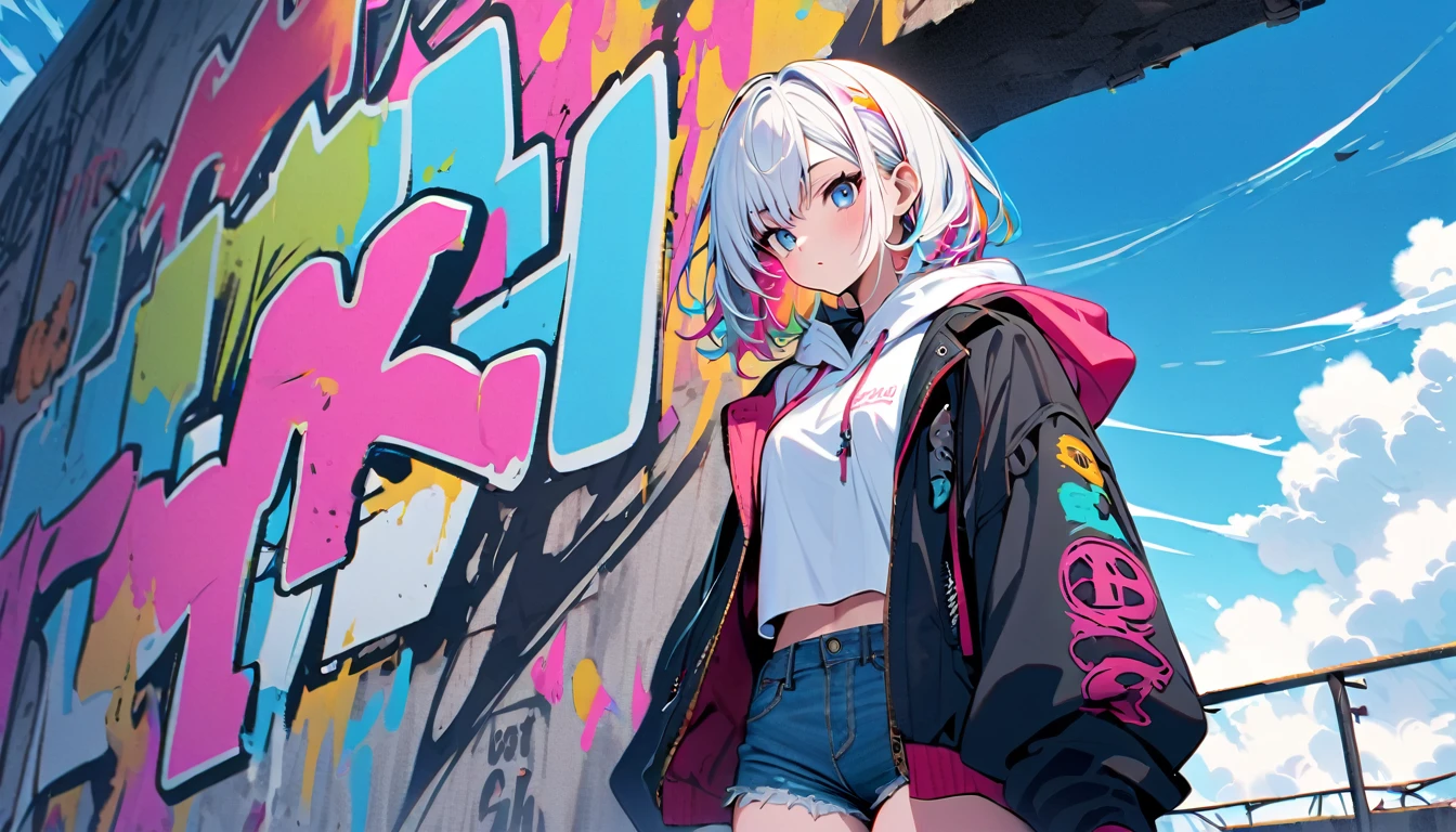 HD 8K Handsome cute, Punk monster, Solitary, 1 female, Medium Length Hair, white hair, Rainbow hair, blue Eyes, Rainbow headphone, hoodie, colored hoodie, denim shorts, Human focus, outdoor, blue sky, White clouds, graffiti wall,