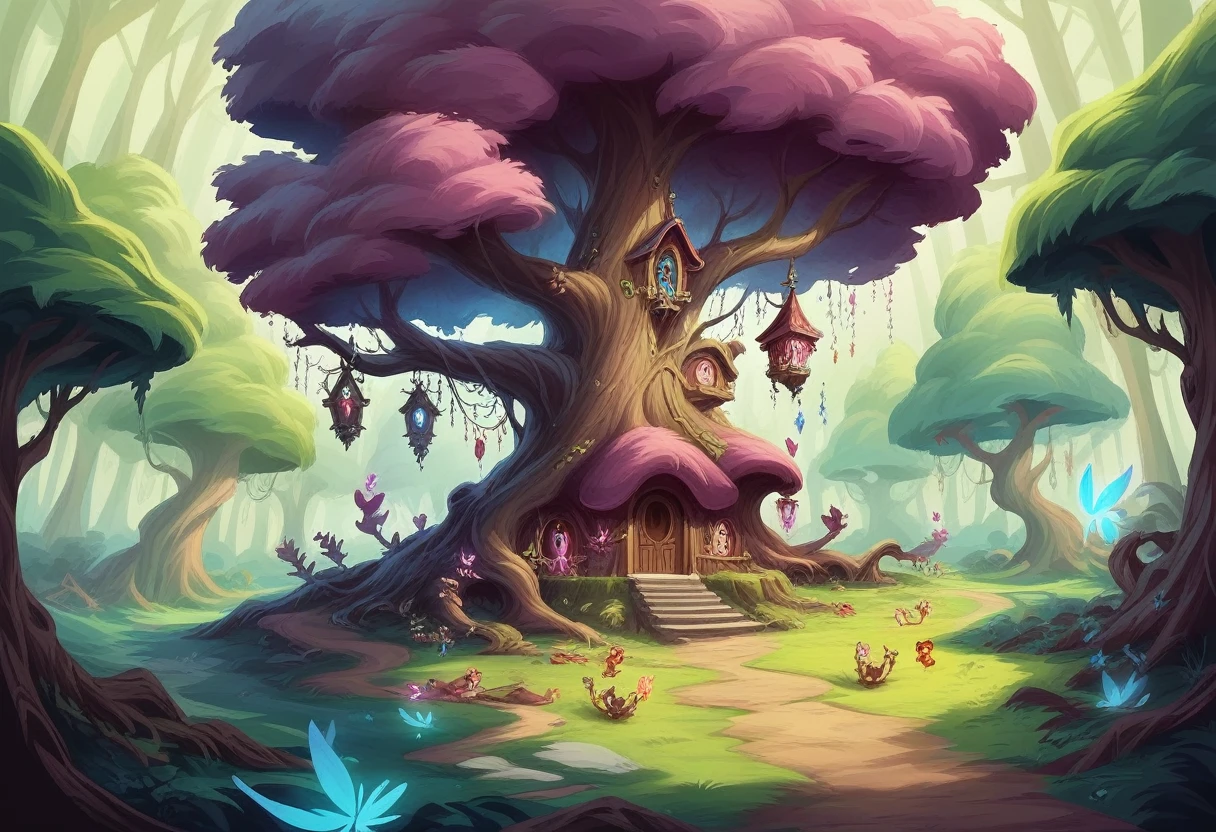 There is a tree house with lots of lights, Concept Art：Arthur Pang, Artstation Contest Winner, Fantasy art, enchanted magical fantasy forest, Magic Tree, magical fantasy forest, Magic fairy background, Magic fantasy highly detailed, Fantasy Tree, magic fairy forest, Fairey Palace, Detailed fantasy digital art, whimsical fantasy landscape art, Magic Background, Magic Tree