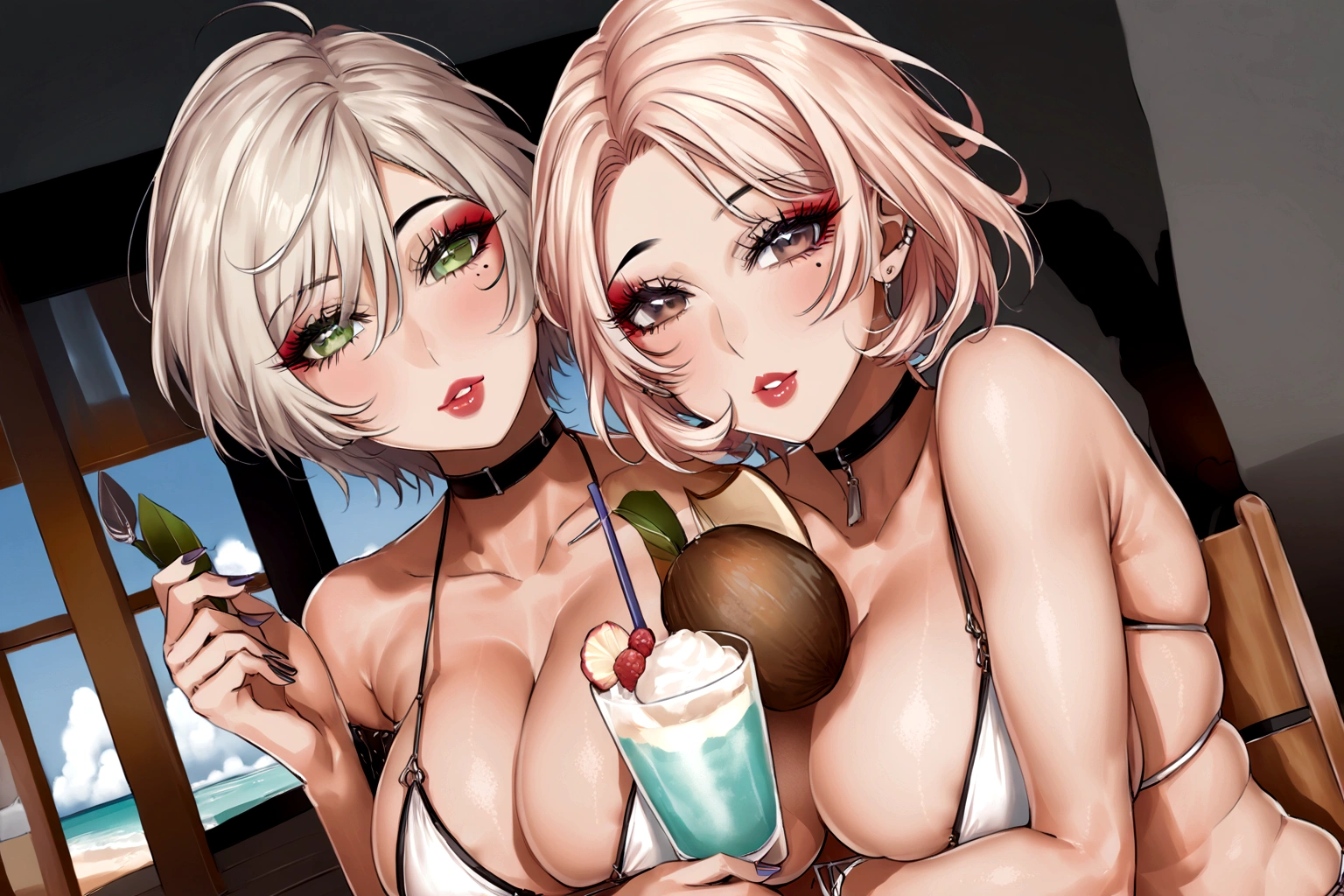 score_9, score_8_up, score_7_up, score_6_up,score_5_up,score_4_up, BREAK defManuela, short hair, mole under eye, eyeshadow, lipstick, black choker, bikini,large breasts,motherly,skindentation,outdoors,beach,tan ,lounging,deck chair,holding coconut drink 