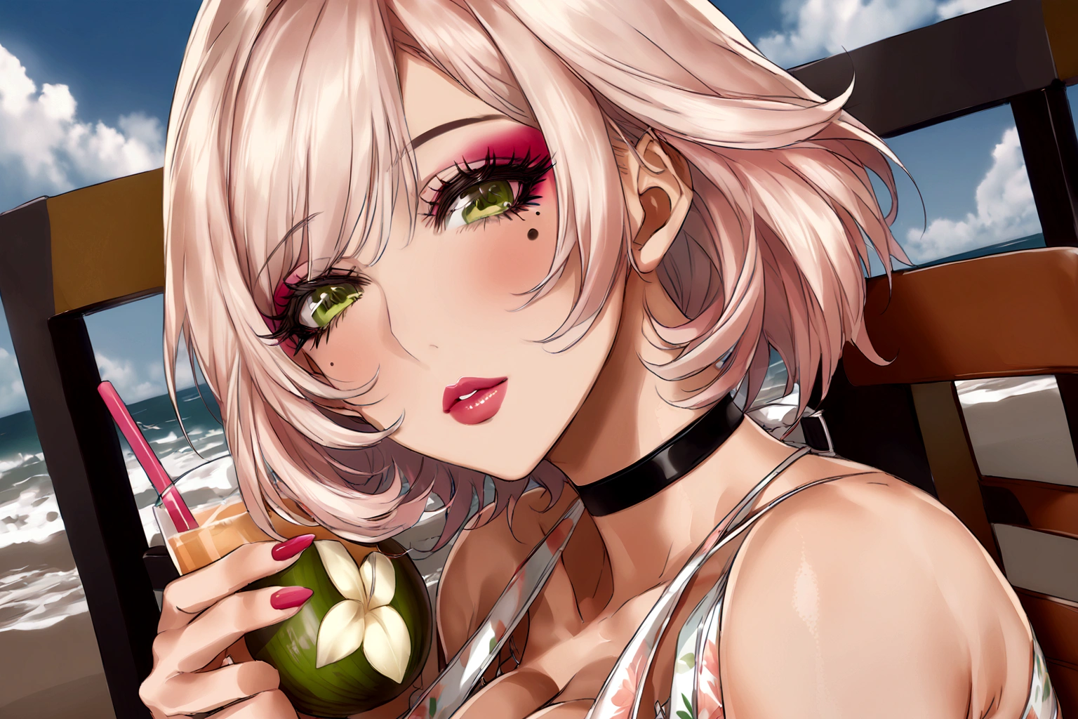 score_9, score_8_up, score_7_up, score_6_up,score_5_up,score_4_up, BREAK defManuela, short hair, mole under eye, eyeshadow, lipstick, black choker, bikini,large breasts,motherly,skindentation,outdoors,beach,tan ,lounging,deck chair,holding coconut drink