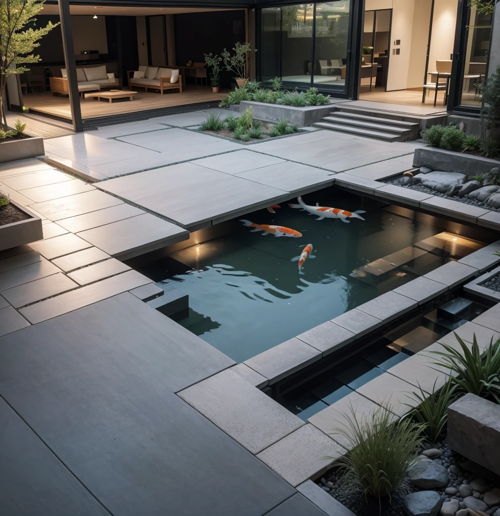 Modern architecture, central courtyard with sitting area and koi pond