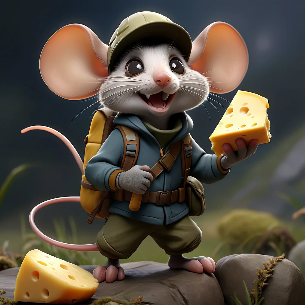 A mouse wearing hiking gear,holding cheese in one hand, Detailed digital art, Cinema Lighting, Gloomy atmosphere, Dramatic Pose, Very detailed, Complex Texture, High resolution, Realistic, 8K, masterpiece