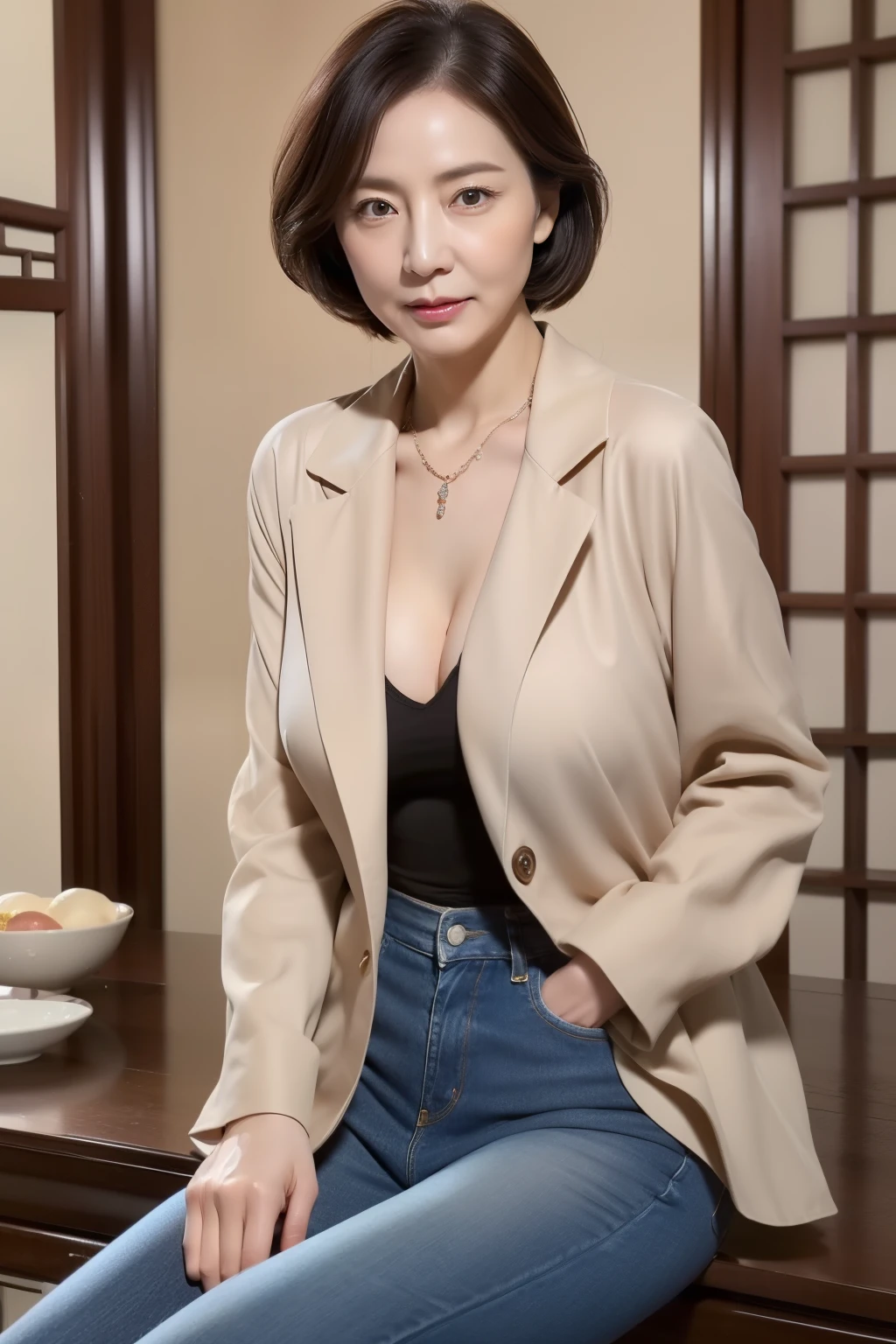 (((58-year-old Chinese female))), ((Drooping eyes)),(((Nasolabial fold))),On the table, best quality, Photorealistic, Super delicate skin, Sharpen, Perfect anatomy,Beijing,anatomy,solo,Langheier,((Old body)), (((Breast sagging))), (Thick waist),(Body relaxation)(,Full body),Double butt,Serious look, charm, Sexy,(((Fair skin,More wrinkles))),Small diamond necklace,Brown coat,Long sleeveTshirt,Jeans long skirt,Stare at this,