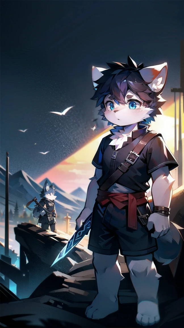 White Wolf，black hair，Sky blue eyes，hairy，Wolf ears，Wolf tail，Full body portrait，The character is in the center of the frame，Handsome，Confident eye***but，juvenile，Black and white combat uniform，Red neck bib，Black shorts，Short sleeve，hairy arms and legs，Dark background，Dark battlefield，dawn，sunrise，dawn，illumination，shadow，Swordsman，Scabbard and Hold the hilt of a in your hand，The scabbard is at the waist，Highest quality