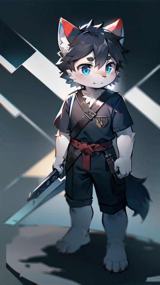 White Wolf,black hair,Sky blue eyes,hairy,Wolf ears,Wolf tail,Full body portrait,The character is in the center of the frame,Handsome,Confident eye***but,juvenile,Black and white combat uniform,Red neck bib,Black shorts,Short sleeve,hairy arms and legs,Dark background,Dark battlefield,dawn,sunrise,dawn,illumination,shadow,Swordsman,Scabbard and Hold the hilt of a in your hand,The scabbard is at the waist,Highest quality