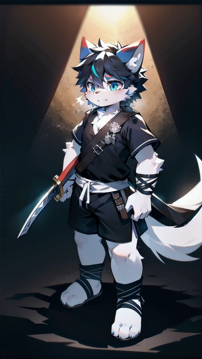 White Wolf，black hair，Sky blue eyes，hairy，Wolf ears，Wolf tail，Full body portrait，The character is in the center of the frame，Handsome，Confident eye***but，juvenile，Black and white combat uniform，Red neck bib，Black shorts，Short sleeve，hairy arms and legs，Dark background，Dark battlefield，dawn，sunrise，dawn，illumination，shadow，Swordsman，Scabbard and Hold the hilt of a in your hand，The scabbard is at the waist，Highest quality