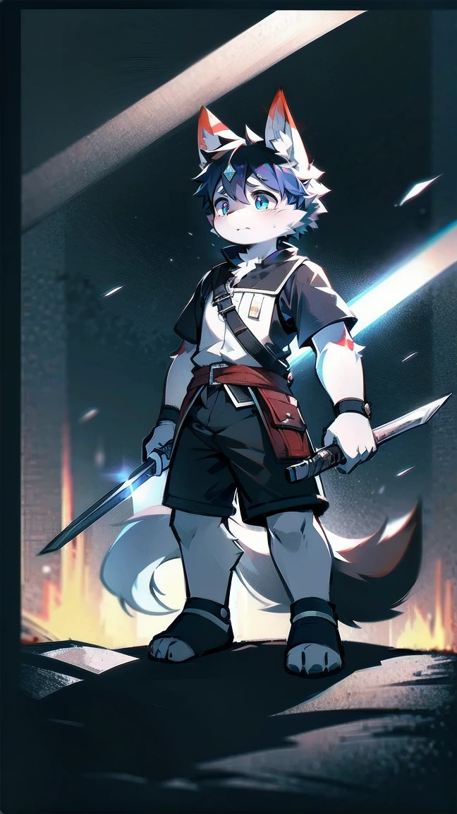 White Wolf,black hair,Sky blue eyes,hairy,Wolf ears,Wolf tail,Full body portrait,The character is in the center of the frame,Handsome,Confident eye***but,juvenile,Black and white combat uniform,Red neck bib,Black shorts,Short sleeve,hairy arms and legs,Dark background,Dark battlefield,dawn,sunrise,dawn,illumination,shadow,Swordsman,Scabbard and Hold the hilt of a in your hand,The scabbard is at the waist,Highest quality