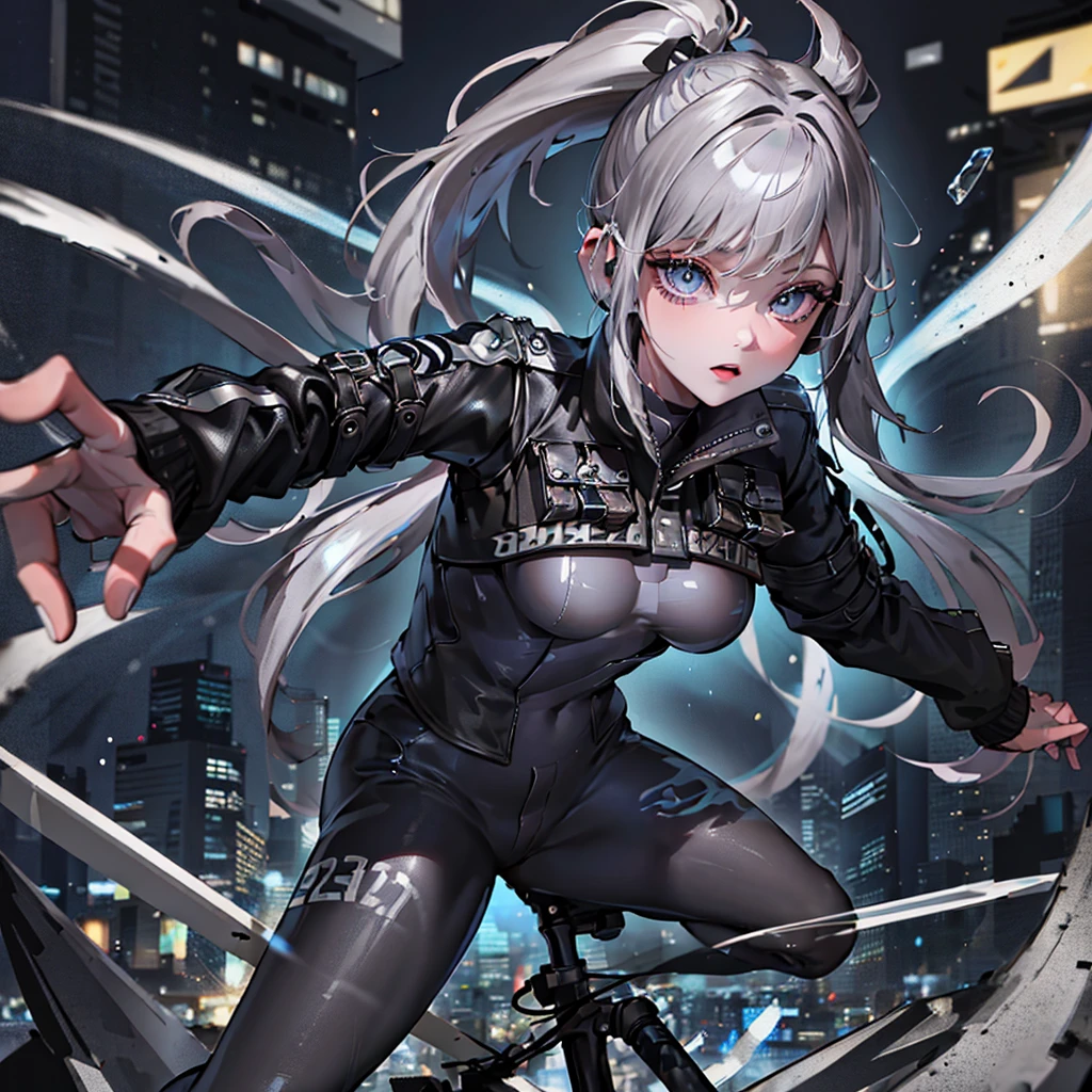 The beautiful biker girl , Light half up ash grey hairstyles elegantly curled ,blue light eyes, punk styles , Masterpiece((tmasterpiece)),Black color Leather jacket((black jean )),,adorlable ,