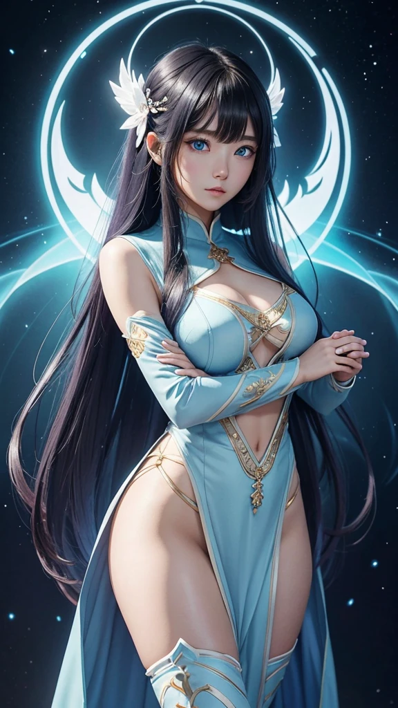 8K、Ultra HD、anime、(A very beautiful female character with beautiful features)、((Beautiful clear blue eyes))、((The whole body faces forward))、Beautiful long hair、Messy bangs、(Beautiful and well-proportioned depiction of the whole body)、(Beautiful depiction of limbs)、(((Beautiful long thin fingers)))、(((Prayer Pose)))、((Wearing a pale blue glowing outfit))、((Goddess Background))、(((I'm directing my gaze here)))、