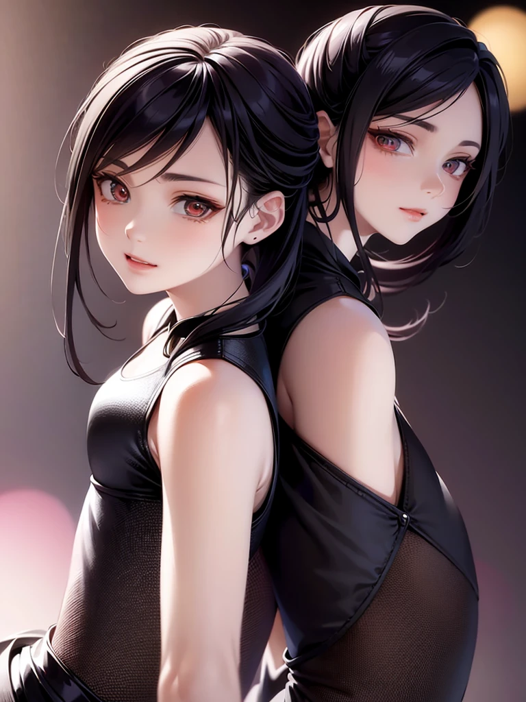 a portrait of two young women facing each other, one is 155cm tall with a slender figure, small chest, and black hair in a ponytail, the other is 165cm tall with a healthy, alluring figure, large chest, and chestnut-colored bob haircut, they are embracing each other in the foreground, anime style, gentle, tender, wet shirts, standing by a lake at sunrise, (best quality,4k,8k,highres,masterproject:1.2),ultra-detailed,(realistic,photorealistic,photo-realistic:1.37),HDR,UHD,studio lighting,ultra-fine painting,sharp focus,physically-based rendering,extreme detail description,professional,vivid colors,bokeh,portraits