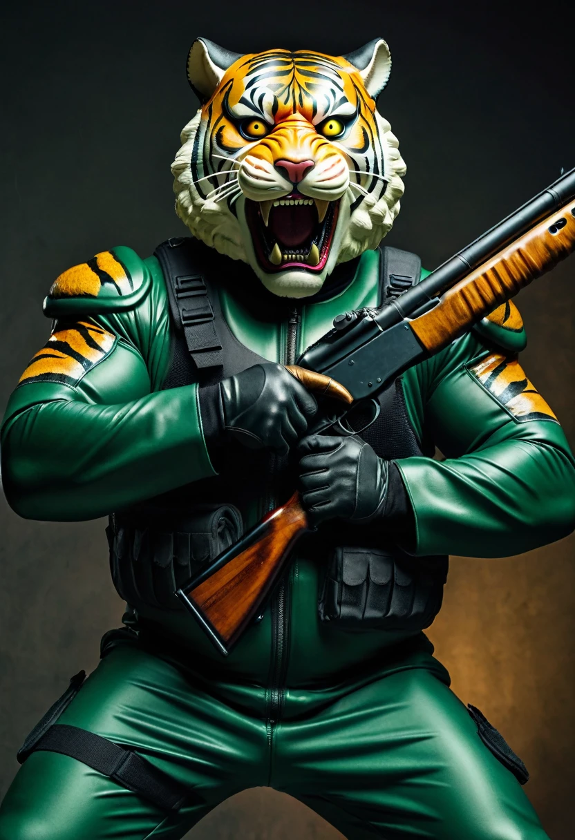 (a dark-skinned fat muscular old man in a bulky dark green zipper diver suit) shooting with a rifle and (wearing realistic roaring siberian tiger mask), muscular, Bruce Onobrakpeya, sumatraism, stanley artgermm, action, a character portrait, heroic, fierce, snarling
