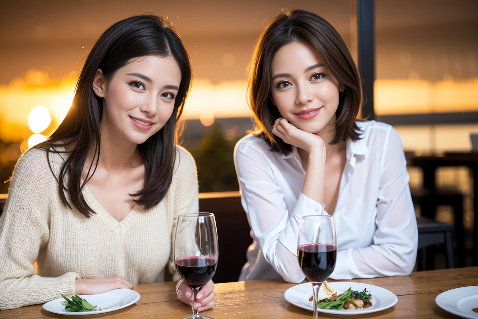 ((Highest quality、8K、masterpiece:1.3))、のsmile、1 male、1 female、Beautiful couple、love love love、Lovers in Paris、Good friends、actress couple、smile、Full-course dinner at a packed table、Brown Hair Couple、the body is スリム、((Bob Hale、Straight hair:1.2)), (Realistic, Intricate details:1.2), Wine glasses on the table、Put the light on your face、 Amazing view of the sunset sky and clouds、A bright smile、The wonderfulness of smile、Bright image、The beauty of wine, Beautiful Face, blue eyes, The light shines on your face, Blushing, short hair,Bright Face、 (Age 37), 39 years old, red wine 、Wine bottle、Champagne、sparkling wine、Two beauties、Brown Hair、Shortcuts、Long sleeve shirt、dress、Beautiful woman 1, (Slim face), (the body is スリム), (Brown Hair), (Shortcuts), cheeks turn a little red,Attractive beauty、restaurant,