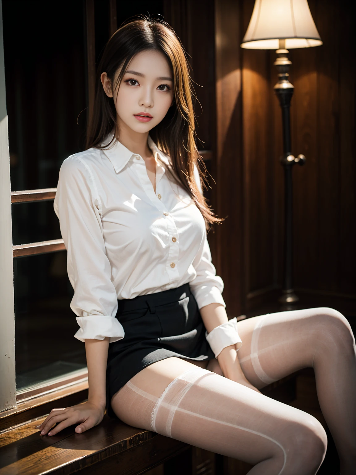 ultra Realistic 8k cg, picture-Perfect Face, Perfect facial expression,Very detailed_eye,Thick thighs,Large Breasts, Beautiful, clean, masterpiece, Professional artwork, Famous works of art, Perfect Face, Young face, beautiful eye, ((Perfect girl body)), alone,(Immersive atmosphere, Chiaroscuro:1.5,Bright light:1.2,Bright lighting) ,,(blush:0.5),Fascinatingly detailed backgrounds,Depth of written boundary,Realistic:1.3, Long Shot,1 Girl,１６age、White shirt with ruffles,Polka dot box mini skirt, , Sitting, whole body, (ambient light:1.3),(Cinematic composition:1.3),(Neon Light:0.1),(HDR:0.1),Accent lighting,Matte black pantyhose ,Spread your legs、her fashion and expressionaintaining the perfect balance between eros and elegance、It draws the viewer in and doesn&#39;t let go.。Through this scene、Express her charm to the fullest。