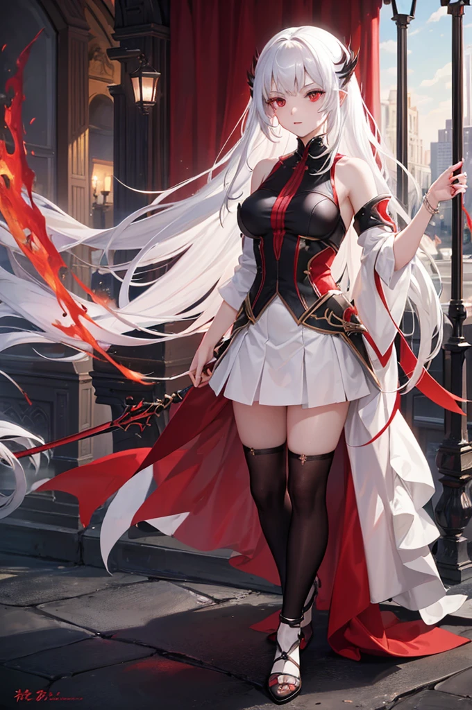 masterpiece,best quality,1girl,solo ,red eyes,white hair, red hair, beautiful, graature,adult,⁶⁶llll see⁶evil,tail,holding a black and red spear
