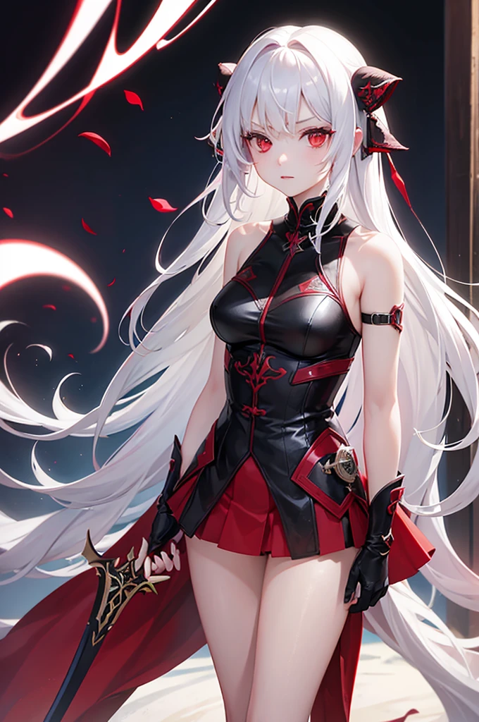 masterpiece,best quality,1girl,solo ,red eyes,white hair, red hair, beautiful, graature,adult,⁶⁶llll see⁶evil,tail,holding a black and red spear