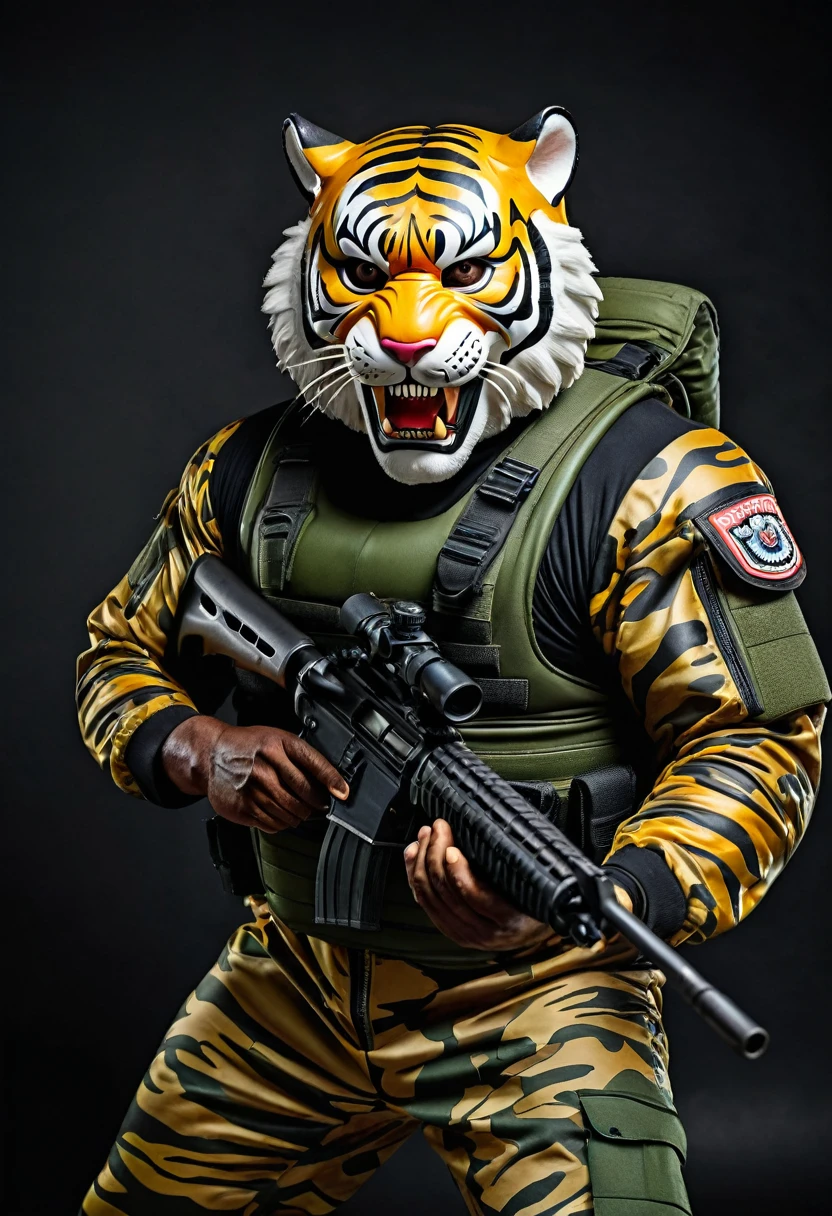 (a dark-skinned fat muscular old man in a bulky army camouflage zipper diver suit) shooting with a rifle and (wearing realistic roaring siberian tiger mask), muscular, Bruce Onobrakpeya, sumatraism, stanley artgermm, action, a character portrait, heroic, fierce, snarling