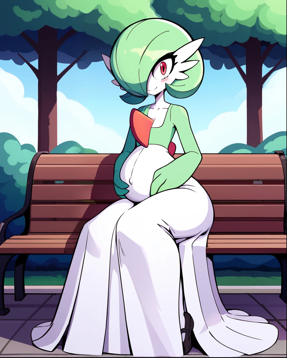 score_9, score_8_up, 1girl, gardevoir, happy, full body, outdoors, human proportions, looking at viewer, by diives, pregnant, pregnancy, shy smile, rubor, mirada tranquila, tranquila, sentada, bench, parque, park, manos en el vientre, hands on belly, long skirt, skirt, white skirt, long dress.