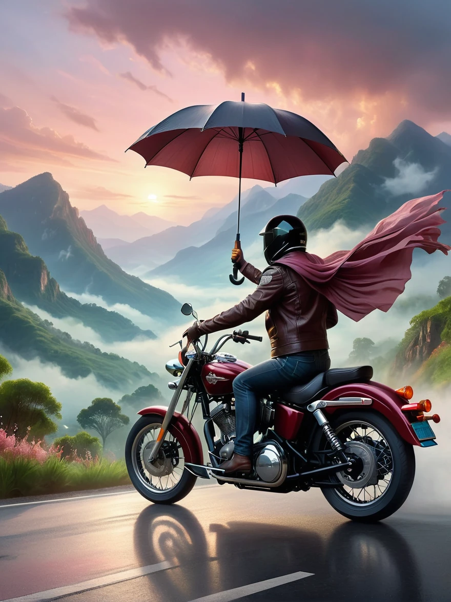 A realistically depicted ethereal entity, confidently astriding a maroon motorcycle, holds an umbrella aloft with an air of effortless composure, precisely similar to a Harley Davidson, cruising along a twisty mountain road. The environment that envelopes the scene is stunning, flourished with lush greenery and rich flora, under vast azure skies streaked with the blush of the setting sun. The aura is poignant, emanating a feeling as though this spectral presence were experiencing its final journey, a symbolic last ride, against the backdrop of the magnificent mountain landscape