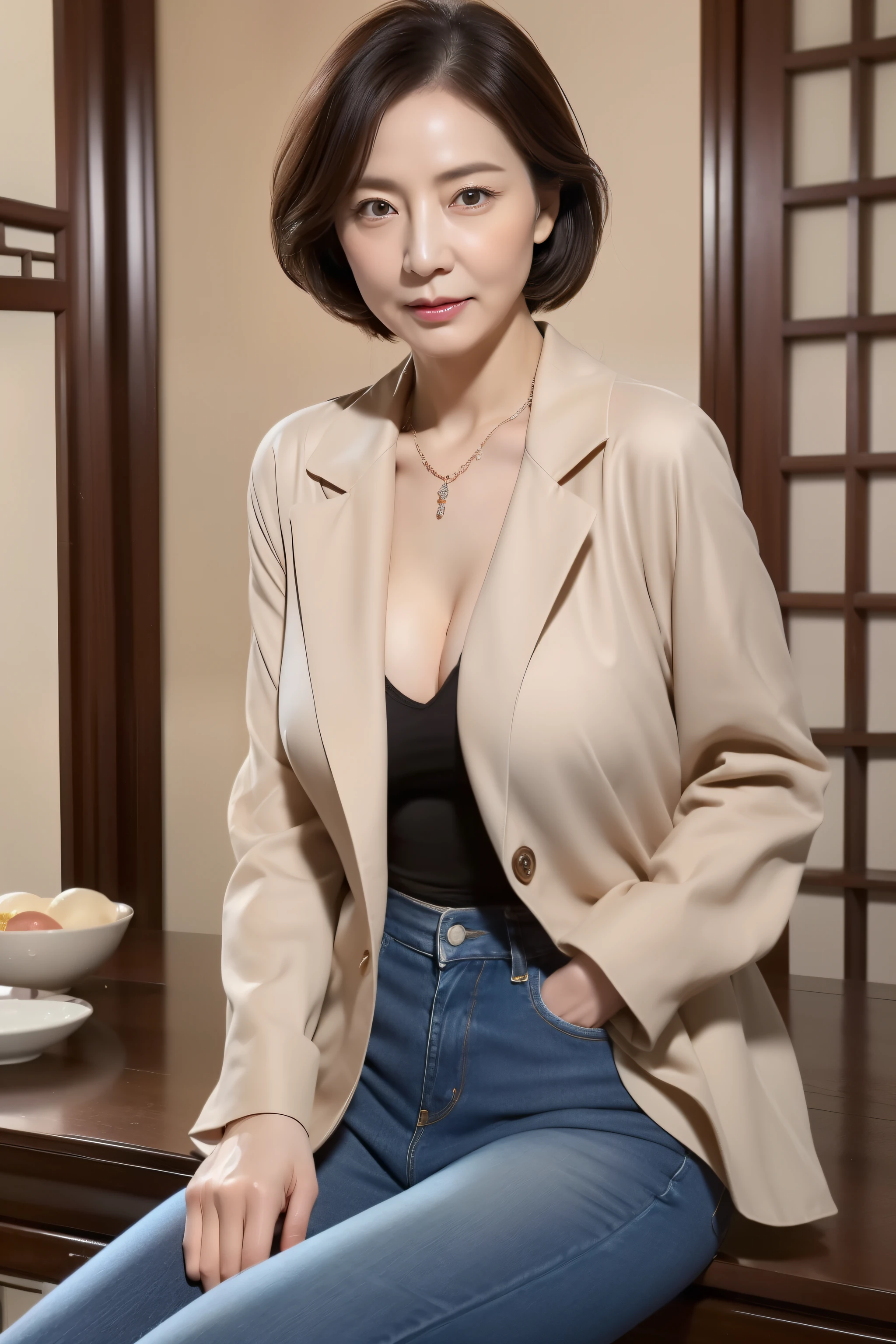 (((58-year-old Chinese female))), ((Drooping eyes)),(((Nasolabial fold))),On the table, best quality, Photorealistic, Super delicate skin, Sharpen, Perfect anatomy,Beijing,anatomy,solo,Langheier,((Old body)), (((Breast sagging))), (Thick waist),(Body relaxation)(,Full body),Double butt,Serious look, charm, Sexy,(((Fair skin,More wrinkles))),Small diamond necklace,Brown coat,Long sleeveTshirt,Jeans long skirt,Stare at this,