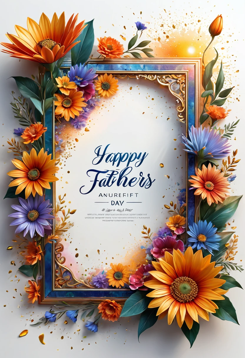 HAPPY FATHERS DAY, FRAME, FLOWERS, BORDER,  sunset, intricate design, warm colors, background, glitters, in style of watercolors, white background, cartoon, 2D, UHD, very high detailed, stunning, textures, impressive, Volumetric light, auras, rays, pastel, splatter, stains, Broken Glass effect, , Watercolor, trending on artstation, sharp focus, studio photo, intricate details, highly detailed, by greg rutkowski