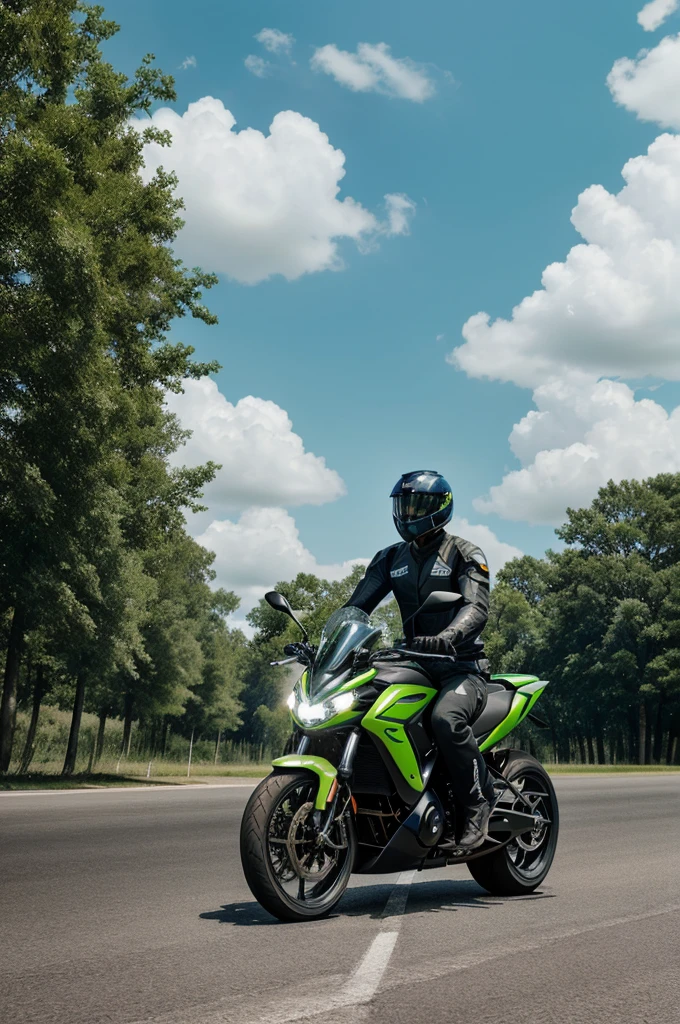 Generate me images of
"A futuristic motorcycle driving on a clean, green road. On one side, a row of trees is being planted, symbolizing environmental care. In the background, a transparent overlay of a bar chart shows upward growth, representing positive statistics."