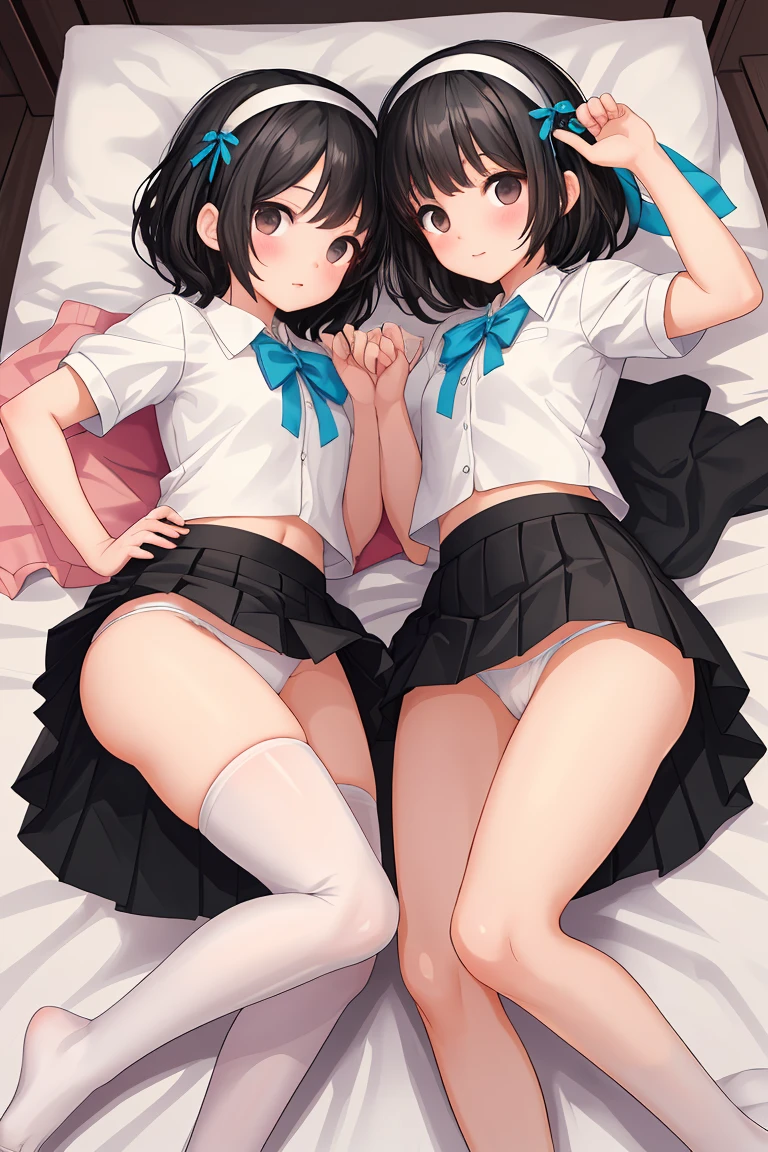 Beautiful sisters　mini skirt　Black Hair　hair band　White panties