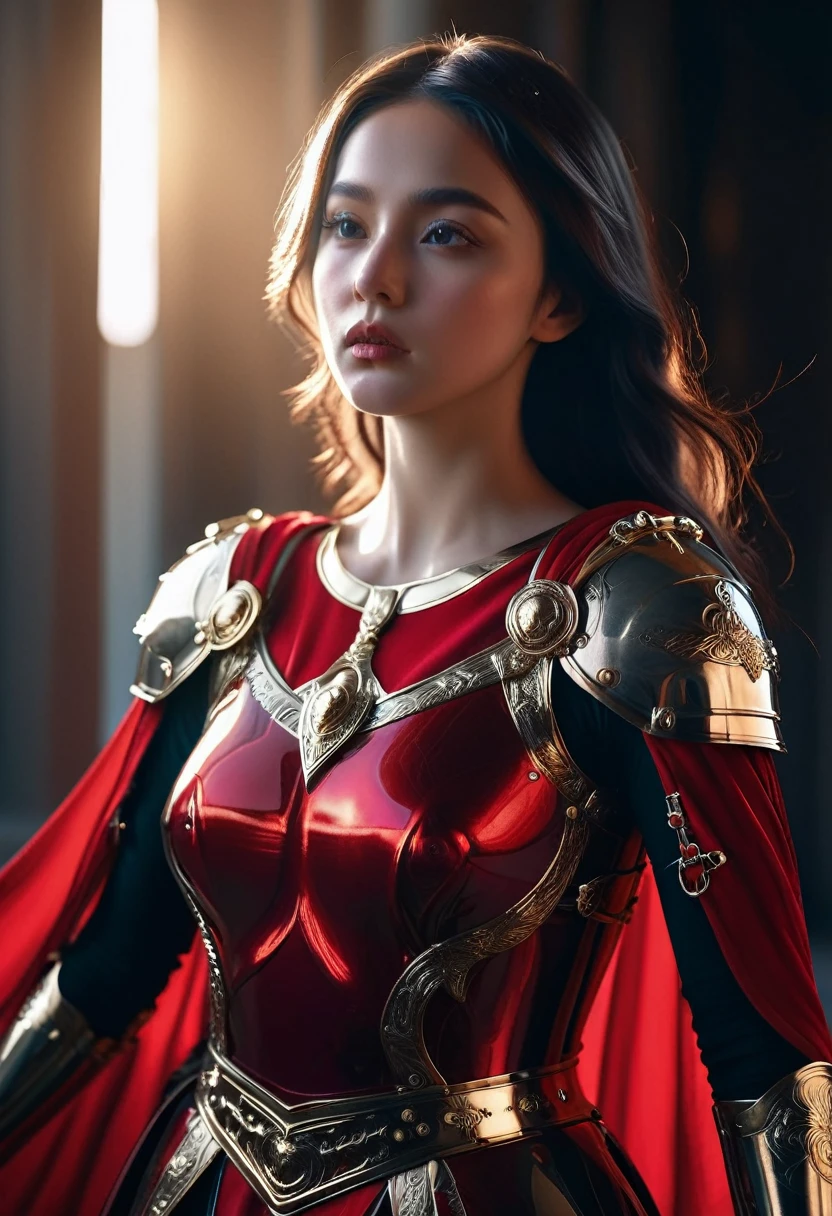 a beautiful woman dressed as a roman empire knight in a modern setting, red cape, shiny armor, sexy,detailed ornate armor, golden accents, flowing cape, piercing gaze, confident pose, dramatic lighting, cinematic composition, highly detailed, 8k, photorealistic, intricate details, chiaroscuro lighting, dark moody atmosphere, rich colors, glowing effects, dramatic shadows, hyper realistic