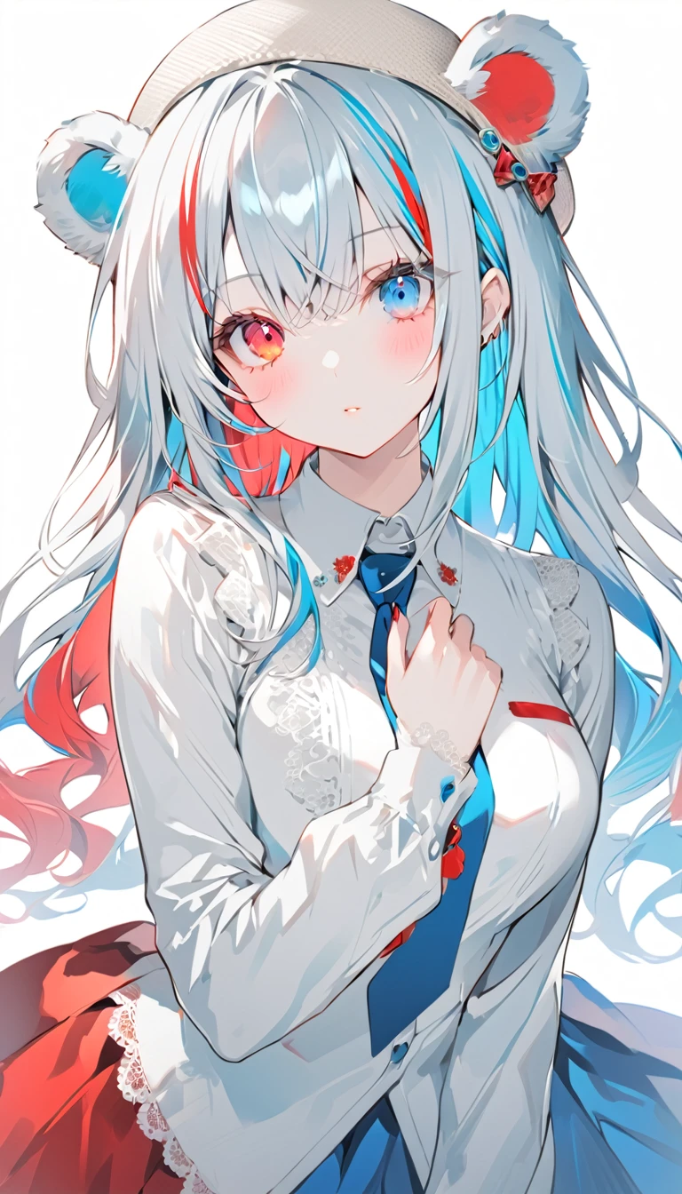 a very colorful anime style girl wearing clothes that look like they are made of lace, 1girl, solo, animal ears, multicolored hair, blue eyes, blue necktie, long hair, heterochromia, necktie, red eyes, streaked hair, white hair, shirt, blue hair, breasts, looking at viewer, white shirt, skirt, hand on own chest, blush, hat, long sleeves, bear ears, red hair