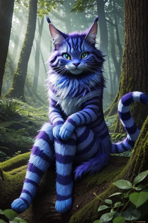 Blue Cheshire cat from a fairy tale, sitting in the forest, Cheshire cat smile, realistic image, High Quality, one tail
