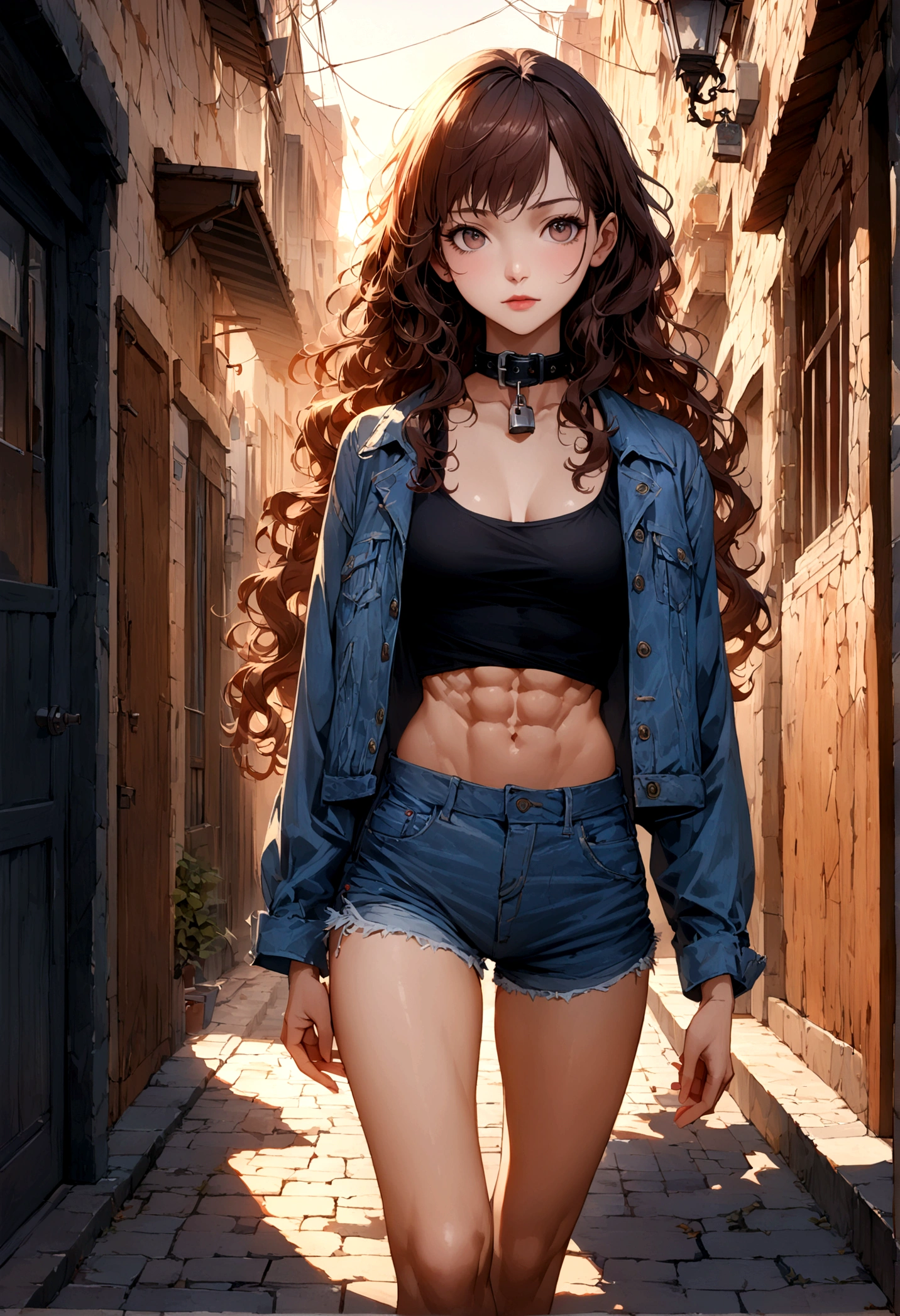 ((Medium Chest, Long Hair, Small Head)), Dawn, sunlight, (Defined Abs: 1.1), (Perfect body: 1.1), (Short Wavy Hair: 1.2), Auburn Hair, collar, Lock, Full body photo, Shabby Street, Wearing a black tank top, Denim jacket, ((Shorts)), (Highly detailed CG 8K wallpaper), (Very delicate and beautiful), (masterpiece), (Highest quality: 1.0), (Super Resolution: 1.0), Beautiful lighting, Perfect Lightning, Realistic Shadows, [High resolution], Detailed Skin, Super detailed