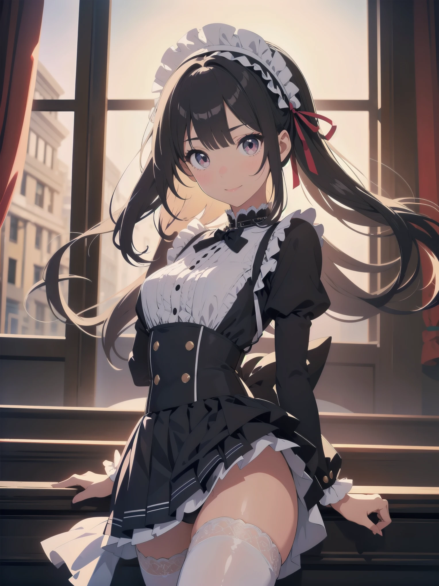 Masterpiece, Details, Solo, 1 Girl, Middle School Girl, Slender, , Fluffy Girlishly Cute and Stylish Attire, Fururu, Lace, Gothic ta Dress, Hair Ribbon, Smile, Black Tights, Cute Underwear, Stylish Hair, Big Eyes, Full Lips, White Catsuit, Princess Shoes, Beauty Legs, hair ribbon, hair band, pleated skirt, stirring motion, staring at you on date, sharp focus, perfect face, detailed face and eyes, dynamic, lively, shadows, colorful, mysterious, movie lighting, cute pose for model shoot
