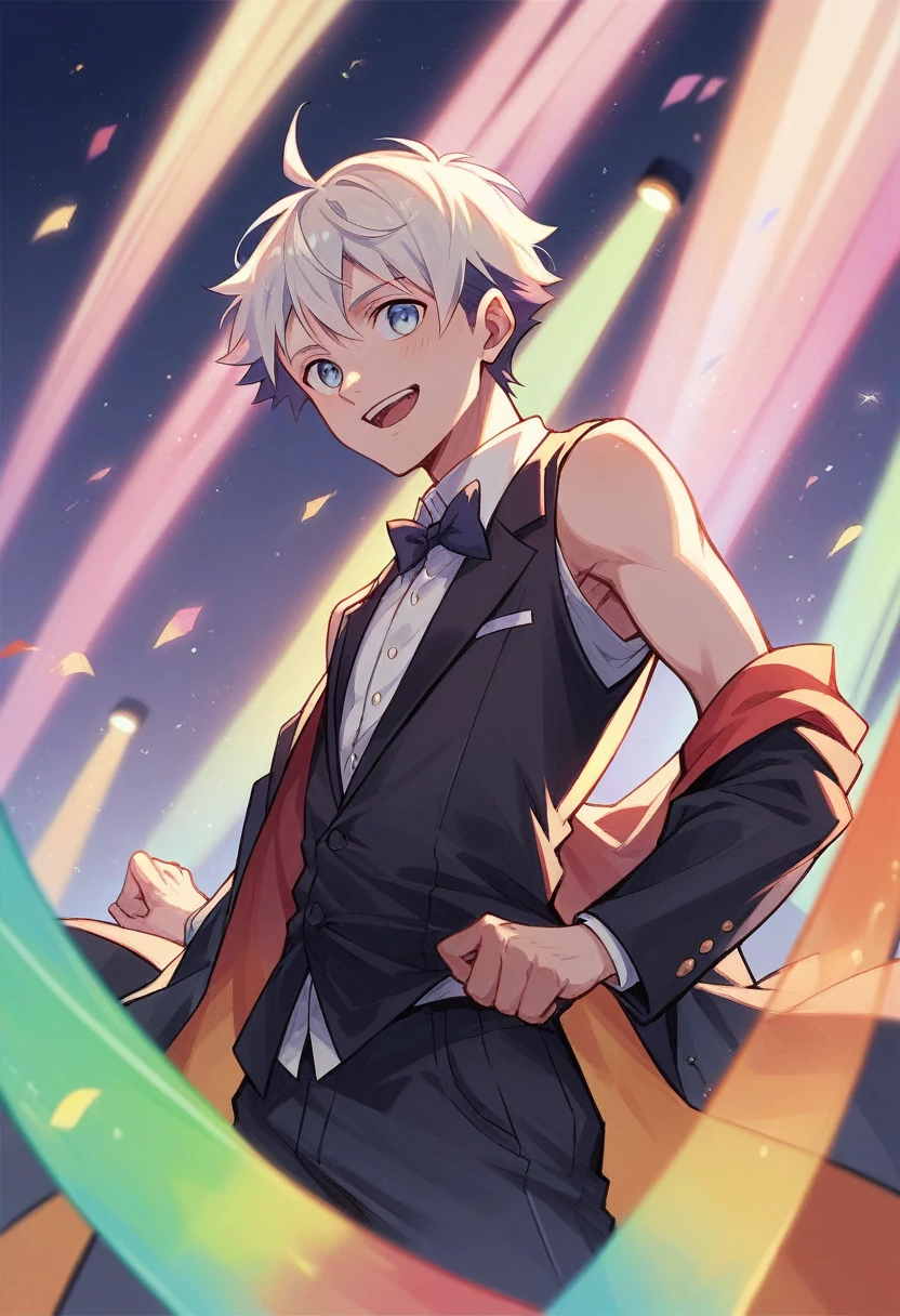 Create an image of Hinata and Boruto dancing together at a party. Hinata is wearing a sleeveless western dress, and Boruto is dressed in a black blazer. The atmosphere should be lively with colorful lights and decorations."