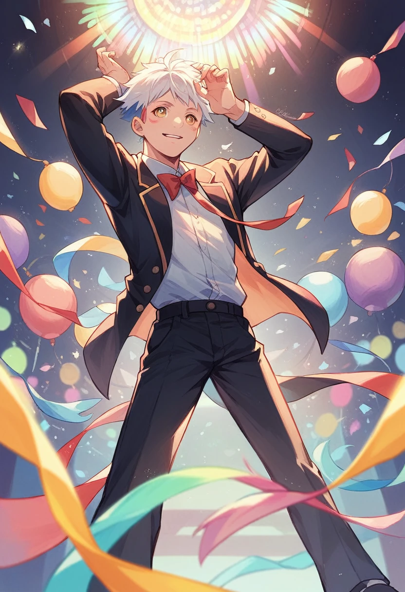Create an image of Hinata and Boruto dancing together at a party. Hinata is wearing a sleeveless western dress, and Boruto is dressed in a black blazer. The atmosphere should be lively with colorful lights and decorations."