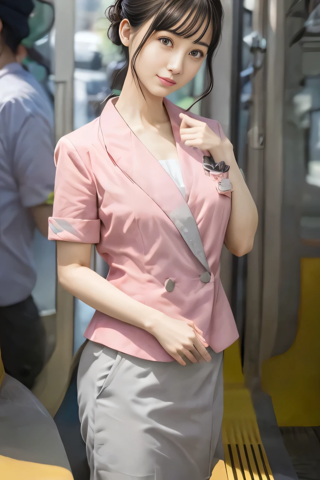 (masterpiece:1.2, Highest quality:1.2), 32k HDR, High resolution, (alone、1 girl)、(On the rooftop of a building in the daytime、Professional Lighting)、Building rooftop background、(Nankai train crew uniform pinkを着たリアルスタイル)、(Nankai train crew uniform pink short sleeve collarless pink jacket、Nankai Train Crew Uniform Pink Collarless Short Sleeve Blouse、Nankai Train Crew Uniform Pink Grey Knee-length Culottes)、((The bottom of the pink short-sleeved jacket cannot be tucked into the clay-colored culottes.))、Dark brown hair、(Hair tied up、Hair Bun、Hair Bun)、Dark brown hair、Long Shot、Big Breasts、Thin legs、((Great hands:2.0)),((Harmonious body proportions:1.5)),((Normal limbs:2.0)),((Normal finger:2.0)),((Delicate eyes:2.0)),((Normal eyes:2.0)))、(Nankai Train Crew Uniform Pink Grey Knee-length Culottesを見せた美しい立ち姿)、smile