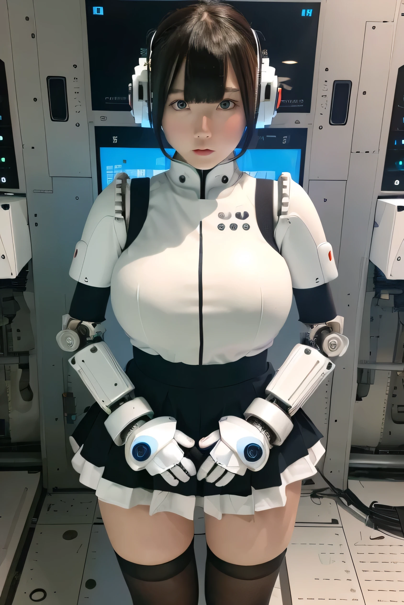 masterpiece, best quality, extremely detailed, Japanese android girl,Plump ,control panels,Mechanical Hand,Robot arms and legs, robot assembly plant,white robot body,blunt bangs,skirt,black knee high socks,blue eyes