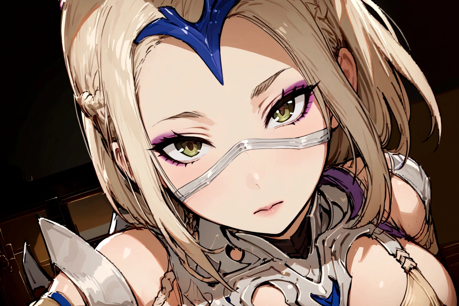 ((face portrait)), (masterpiece), best quality, expressive eyes, perfect face, highres, (ultra details), 1 girl, solo, kitana, braid, thighhighs, hair ornament, eyeshadow, breasts, mask, armor, shoulder armor, elbow gloves, standing, Buddhist temple background, upper body, portrait, looking at the viewer, from frontal