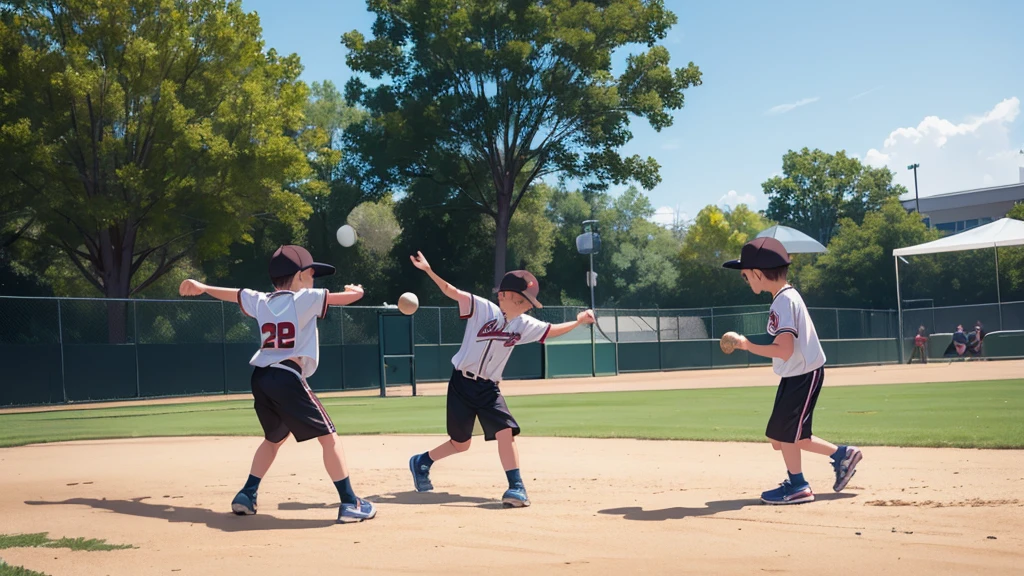 Two 8--old n boys having fun throwing baseballs in the park