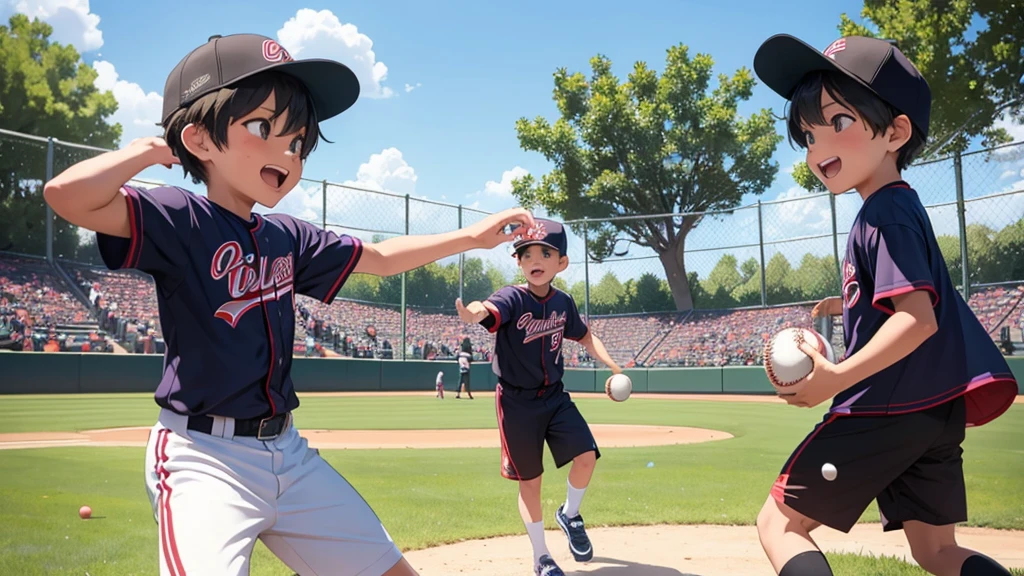 Two 8-year-old twin boys having fun throwing baseballs in the park