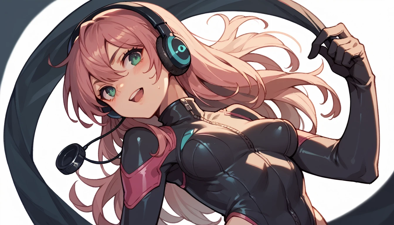 woman wearing a plug suit、Wearing headphones。