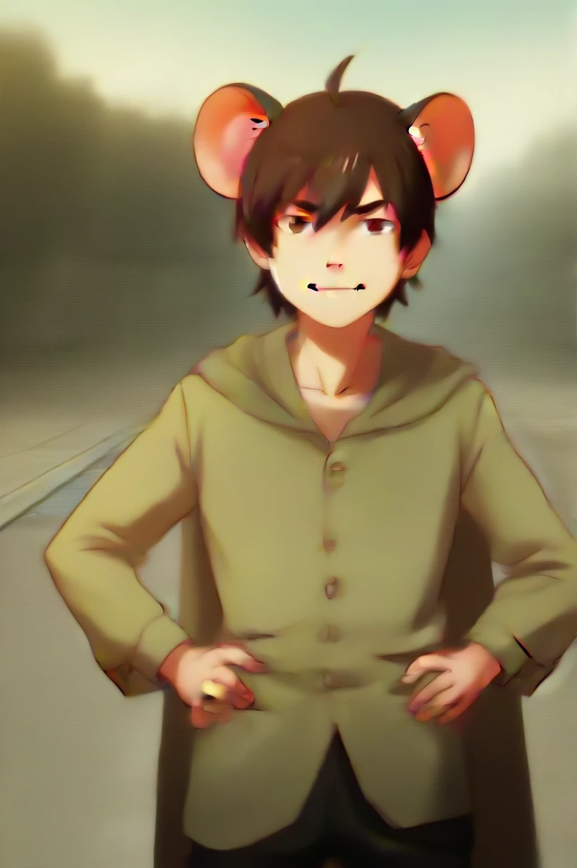 high_quality, 4k, masterpiece, 1boy, solo, kemonomimi, Mouse_boy, mouse_ears, mouse_tail, chin_length_brown_hair, brown eyes, young, short, hands on hips, 1840s_era_clothing, tattered_clothing, Frock_coat, red_cravat, smug, fair-skinned, looking_up_at_viewer, outdoors