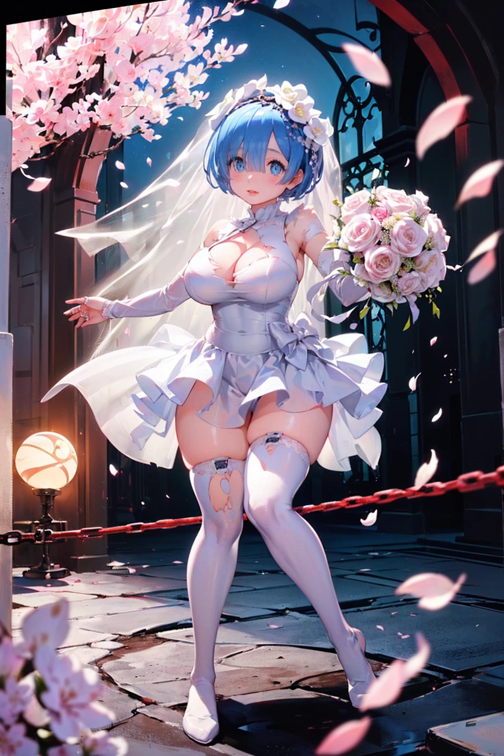 (((((Clothes are torn and breasts are visible))))),(((Tied to chains))),Short Hairstyles、Full moon night、Cherry Blossoms at Night、((((wedding)))),bride、((Church stained glass))、((Long skirt))、pipe organ、((Reaching out))、((((Throwing bouquets))))、(((((((Pure white wedding dress)))))))、(((((Wedding dress ripped to shreds))))),(((((Fisheye Lens)))))、((Super huge breasts))、(((Plump thighs)))、(((Rem from Re:Zero)))、looking at the camera、High qualityHigh quality、8ｋ、(((((Full body description)))))、Chest、Fantastic、looking at the cameraで、(((Cherry blossoms fluttering down)))、Red carpet、Very tall、((Torn knee-high socks))