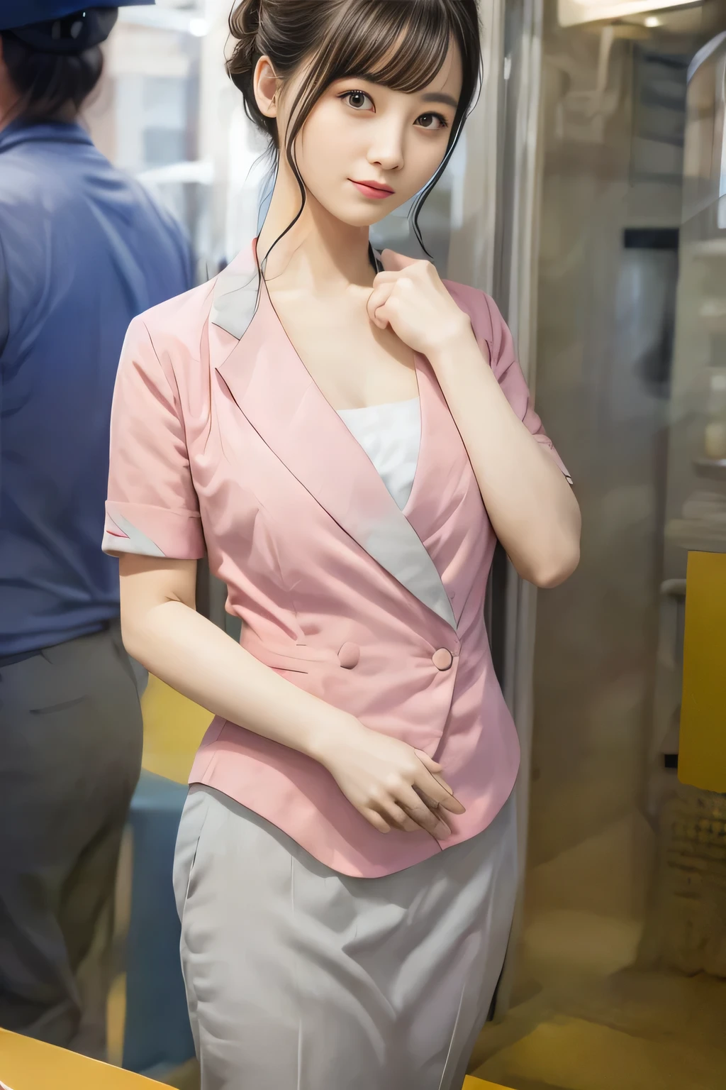 (masterpiece:1.2, Highest quality:1.2), 32k HDR, High resolution, (alone、1 girl)、(On the rooftop of a building in the daytime、Professional Lighting)、Building rooftop background、(Nankai train crew uniform pinkを着たリアルスタイル)、(Nankai train crew uniform pink short sleeve collarless pink jacket、Nankai Train Crew Uniform Pink Collarless Short Sleeve Blouse、Nankai Train Crew Uniform Pink Grey Knee-length Culottes)、((The bottom of the pink short-sleeved jacket cannot be tucked into the clay-colored culottes.))、Dark brown hair、(Hair tied up、Hair Bun、Hair Bun)、Dark brown hair、Long Shot、Big Breasts、Thin legs、((Great hands:2.0)),((Harmonious body proportions:1.5)),((Normal limbs:2.0)),((Normal finger:2.0)),((Delicate eyes:2.0)),((Normal eyes:2.0)))、(Nankai Train Crew Uniform Pink Grey Knee-length Culottesを見せた美しい立ち姿)、smile